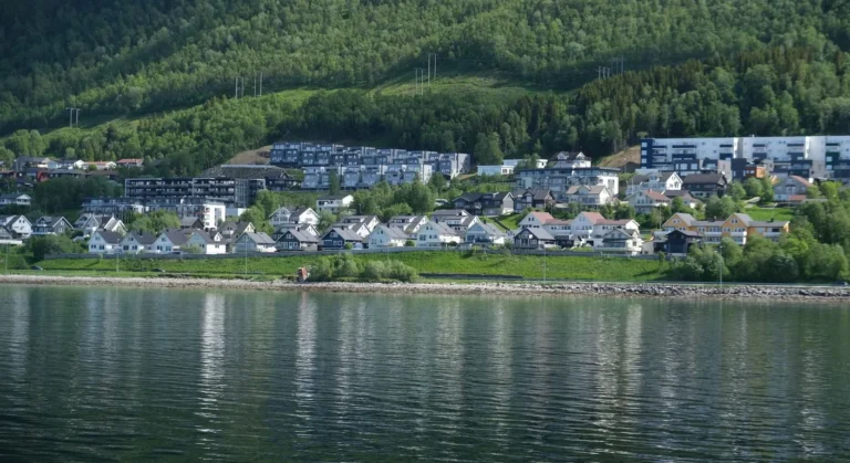 Norweskie miasteczko nad fiordem w górach