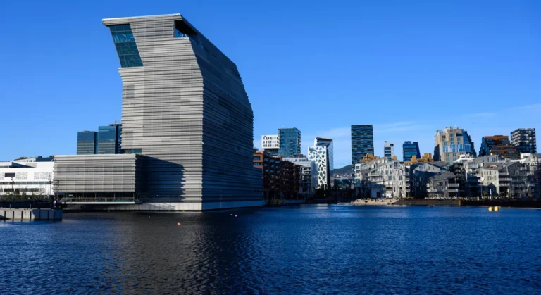 Panorama Oslo z fiordem o złotej godzinie